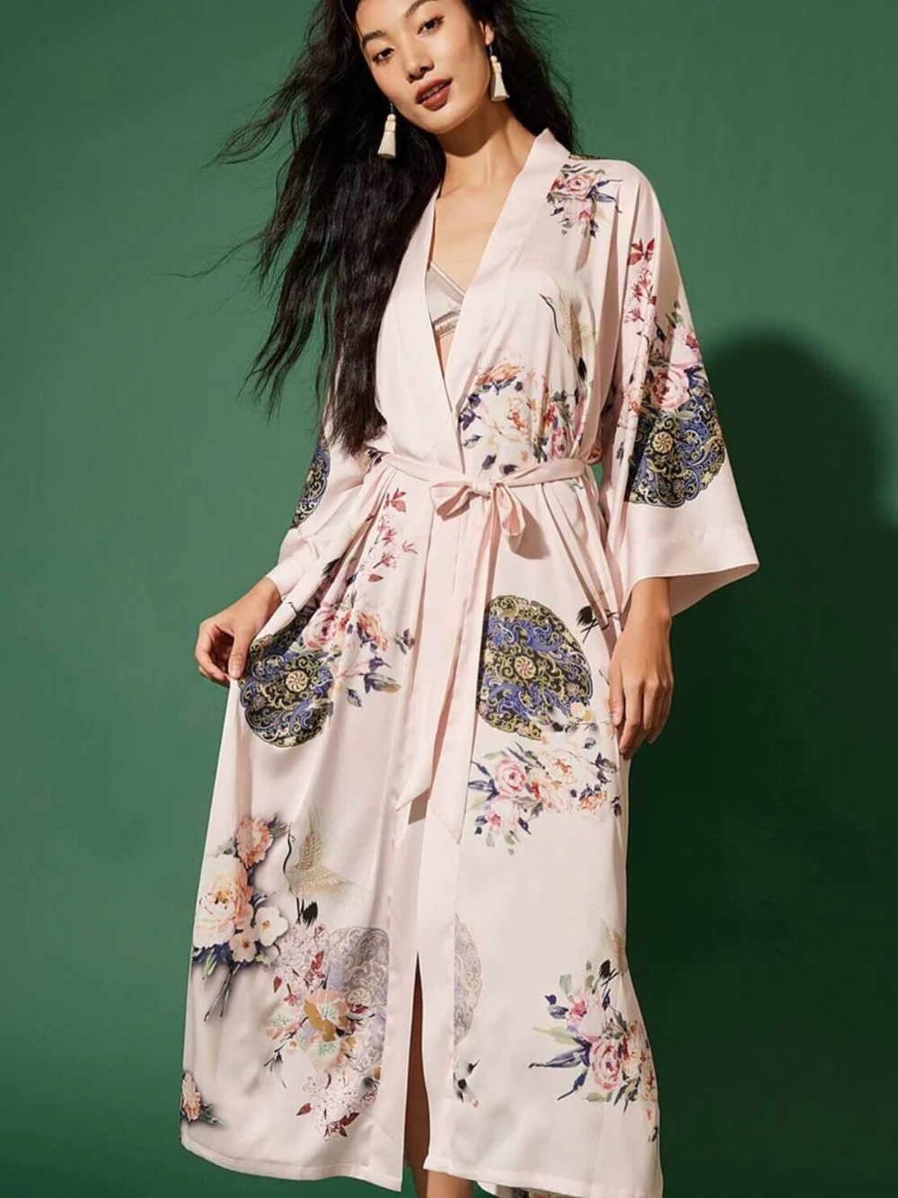 ULIVARY Kimono Robe Womens One Size Satin Floral Pink Cranes Missing Belt